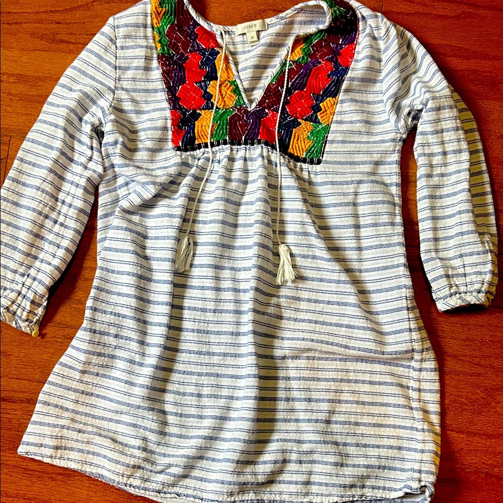 J. Crew White and Blue Striped Tunic with Multicolor Embroidery